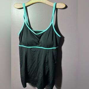 Black One Piece Skirted Swimsuit with Teal Trim